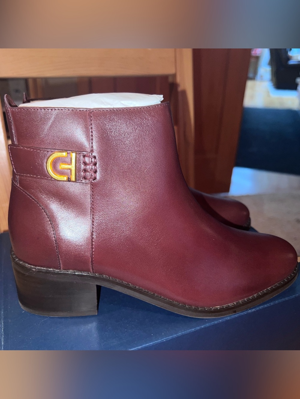 Cole Haan Burgundy Leather Ankle Booties with Gold Logo